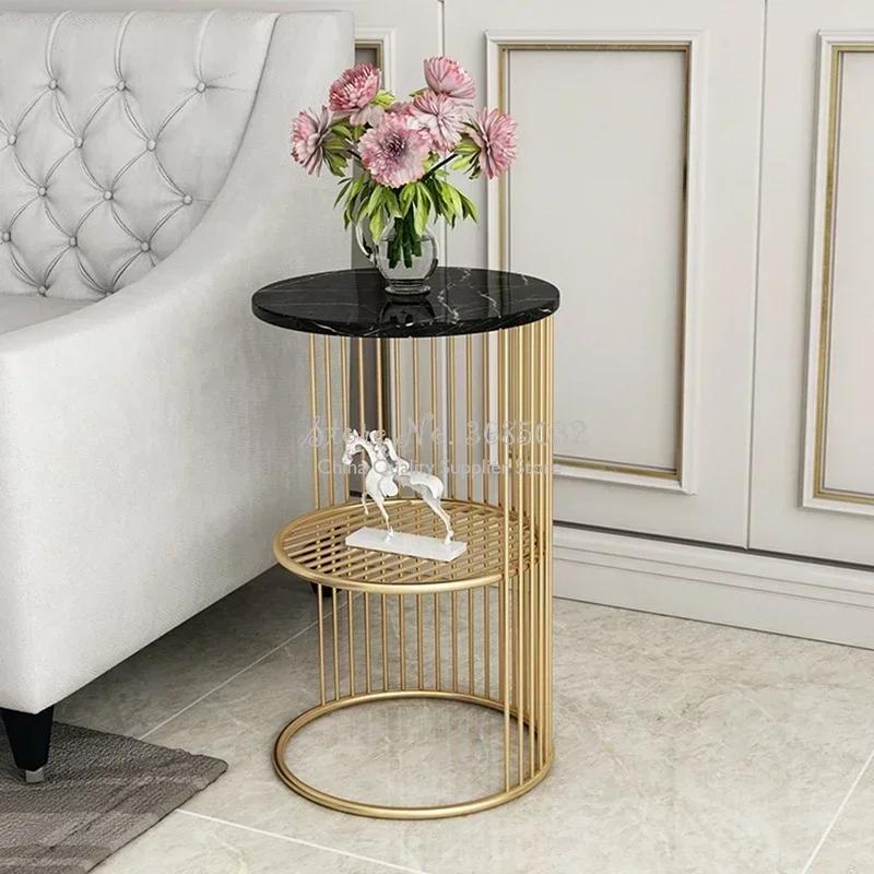Nordic Golden Iron Coffee Table with Marble Top Minimalist Bedside Small Sofa Shelf Modern Living Room Decor