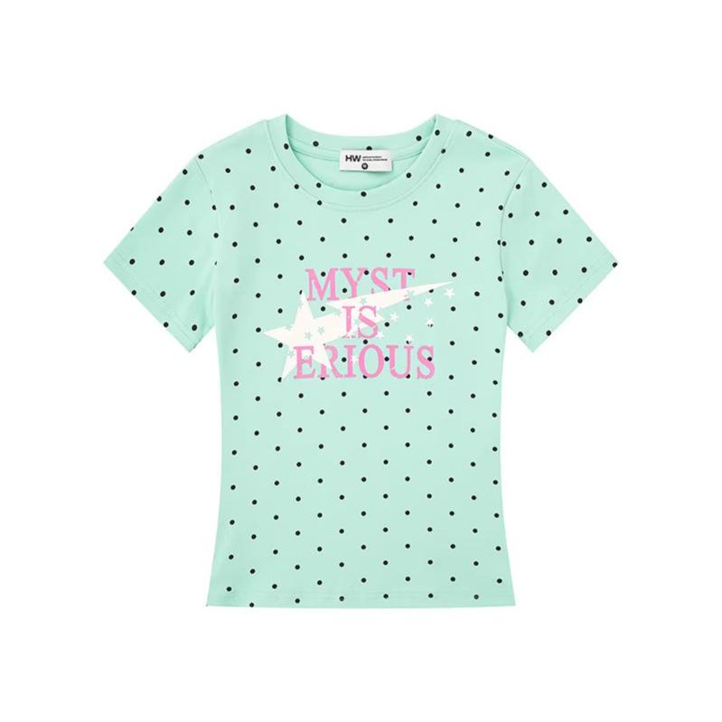 American polka dot letter printing front shoulder short sleeve women's summer new slim and thin casual T-shirt top