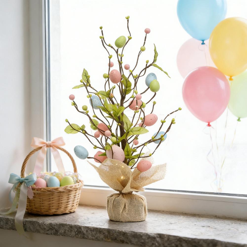 Battery Powered Easter Lights Pre-lit Easter Egg Tree with Led Lights Burlap Base Tabletop Centerpiece Spring Party Holiday Home