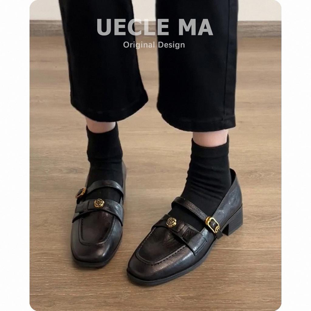Cowhide version~ Genuine leather retro French single shoes women's thick heel with one-word buckle Mary Jane shoes commuter camellia leather shoes
