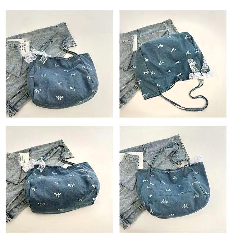 Bolso de Hombro de Lona de Mezclilla Versátil Dulce con Lazo para Mujer - Gran Capacidad