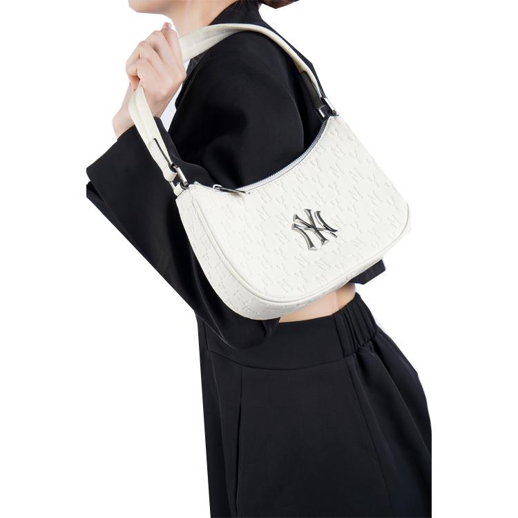 MLB Serie Monogramma New York Yankees Stampa Floreale Retro Logo Metallico Lettera Borsa in Ecopelle Borsa a Spalla Unisex Bianco Crema 3ABQS022N-50CRS
