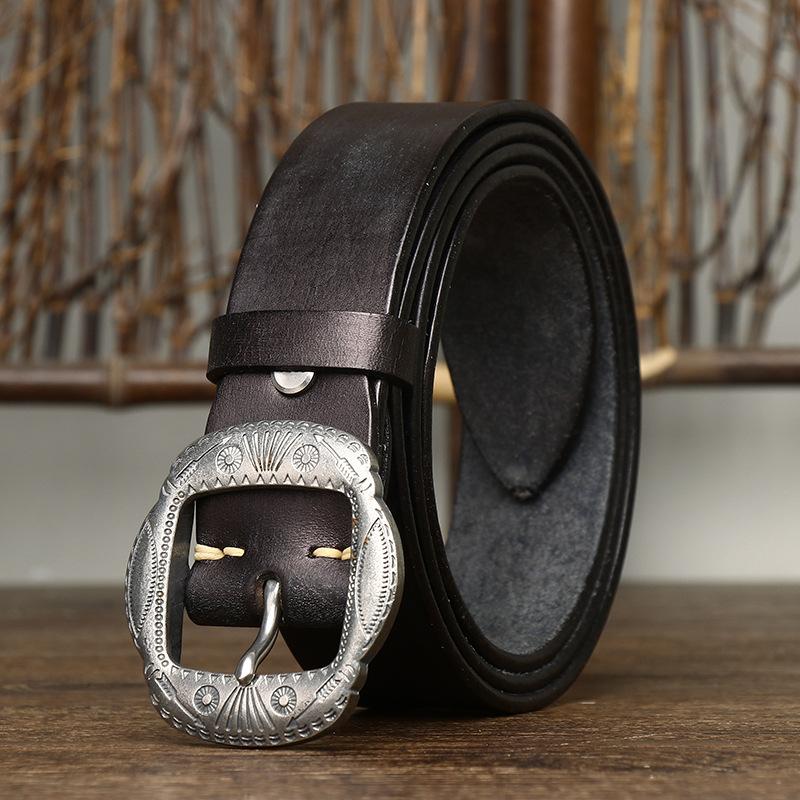 Retro Personality Trend Stainless Steel Belt Men'S Leather Pin Buckle First Layer Cowhide Denim Versatile Casual Pants Belt Men