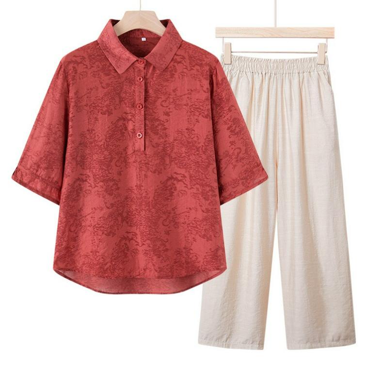 

Летний Жаккардовый Костюм-Блузка с Лацканами для Мамы Модный Двухпредметный Рубашечный Костюм L красный