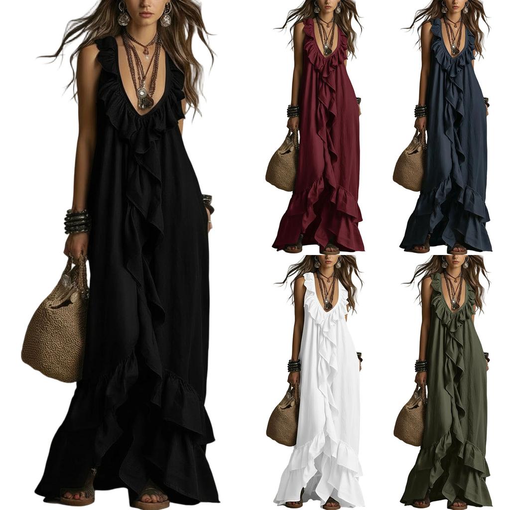 Women's New Summer Casual Boho Vintage Dress, V-Neck Short Sleeve With Ruffle Hem
