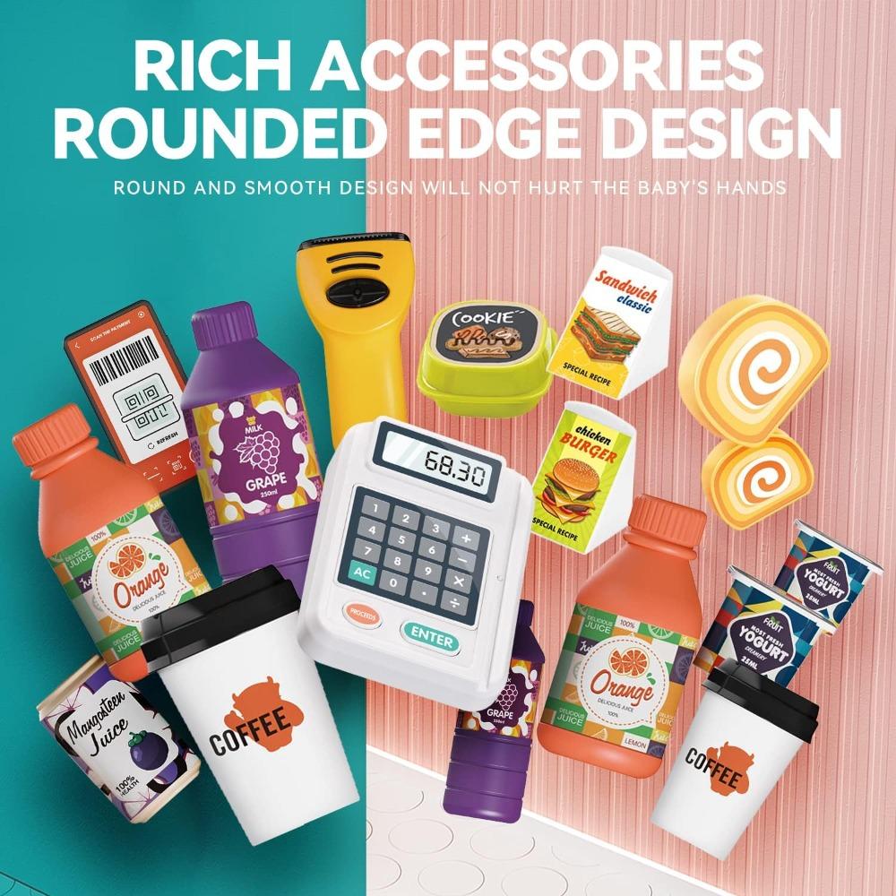 Cash Register Playset for Kids Pretend Play Shopping Money Calculator Scanner Credit Card Play Food for Boys Girls Birthday Gift