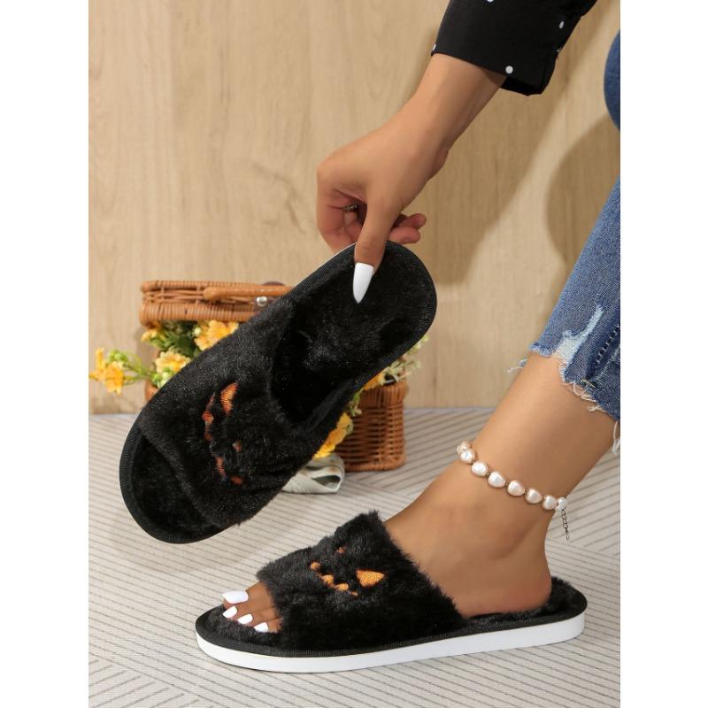 Women's Slippers Women's Halloween Jack-O-Lantern Slippers Soft Plush Comfortable Open Toe Wear Plush Slippers