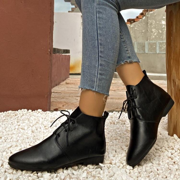 Women's Ankle Boots Lace Up Leather Shoes Pointed Toe Flats Soft Sneakers for Female Motorcyle Boots Black Booties