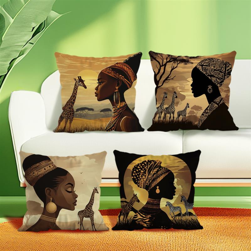 African Women And Animals Painting Pillowcase Throw Pillow Cover Vintage Cushion Covers Home Living Room Sofa Couch Seat Decor