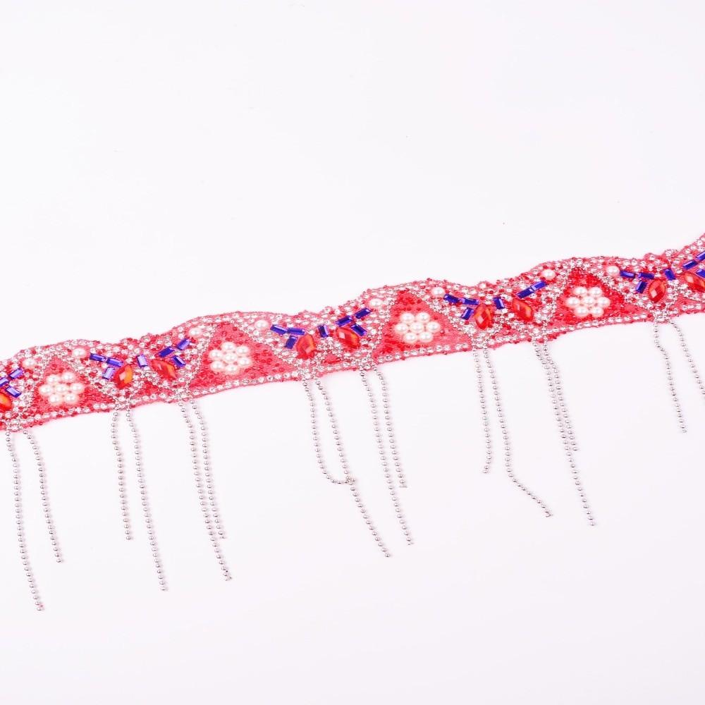 Beaded Trim Colorful Butterfly Charm Tassel Chain DIY Vintage Pearl Chain Creative Ethnic Rhinestone Chain Jewelry Making красный