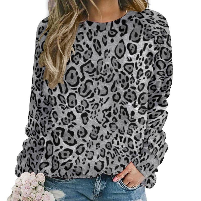 

Модные леопардовые женские футболки Осень Футболка с длинным рукавом Топы Круглый вырез Обычный Повседневный Свободный Круглый вырез Женская одежда Пуловер 6XL
