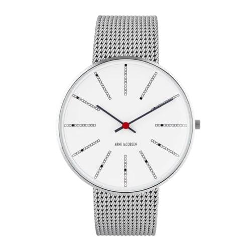 ARNE JACOBSEN BANKERS 53102-2008 40mm Watch, Scandinavian Design, Water Resistant (Quiet Design with No Second Hand), White with Silver Mesh Strap