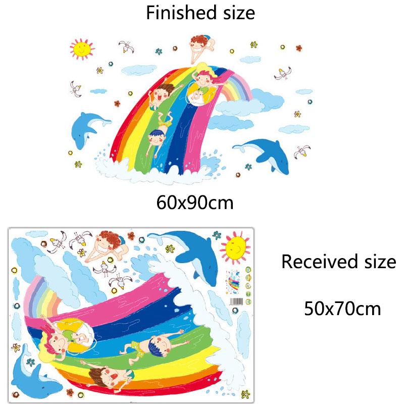 Rainbow Sea Waves Cartoon Wall Stickers Waterproof Eco Friendly PVC Decal for Kids Room Bedroom Wall Decor