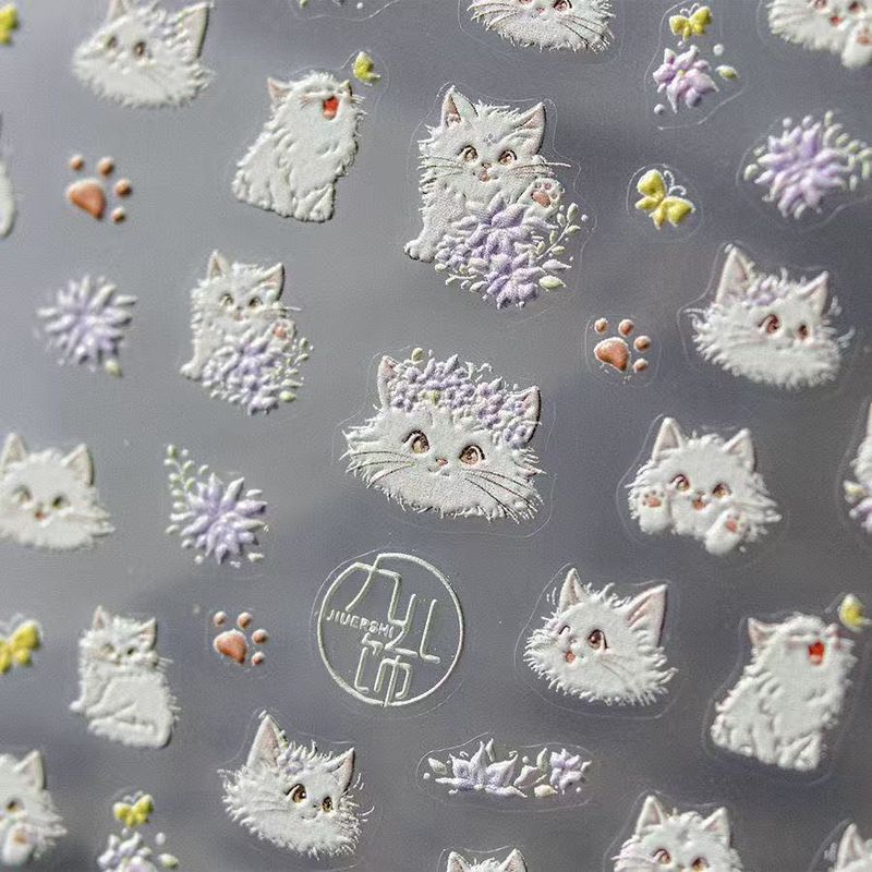 

Best Selling Cute Wisteria Cat Nail Sticker Embossed Garland the White Kitten Cartoon DIY Pen Stick Nail Decals Wisteria White Cat [4]]