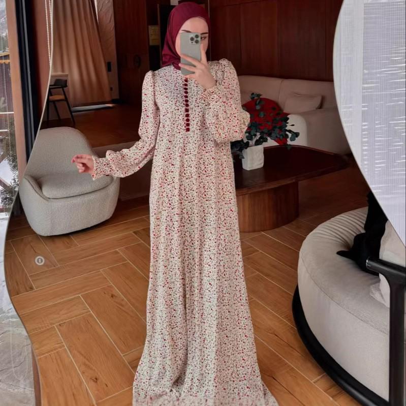

Cross-Border Muslim Women s Floral Long-Sleeved Swing Dress for Spring and Autumn L темно-червоний колір