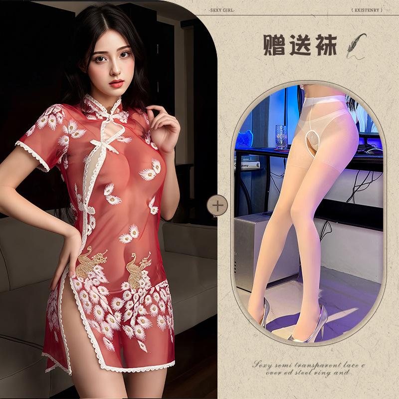 Embroidery embroidery erotic underwear sexy perspective temptation pure desire pajama set Republic of China cheongsam set