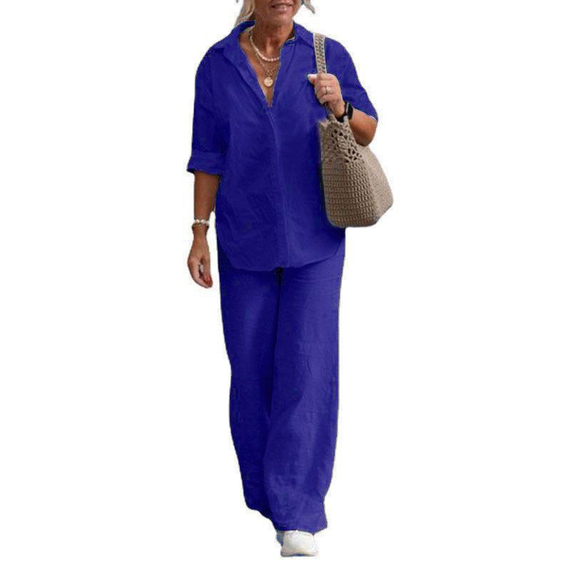 European and American Cross-border Women's Clothing Two-piece Set Women's 2026 Lapel Collar Long-sleeved Shirt Spring and Autumn Casual Solid Color