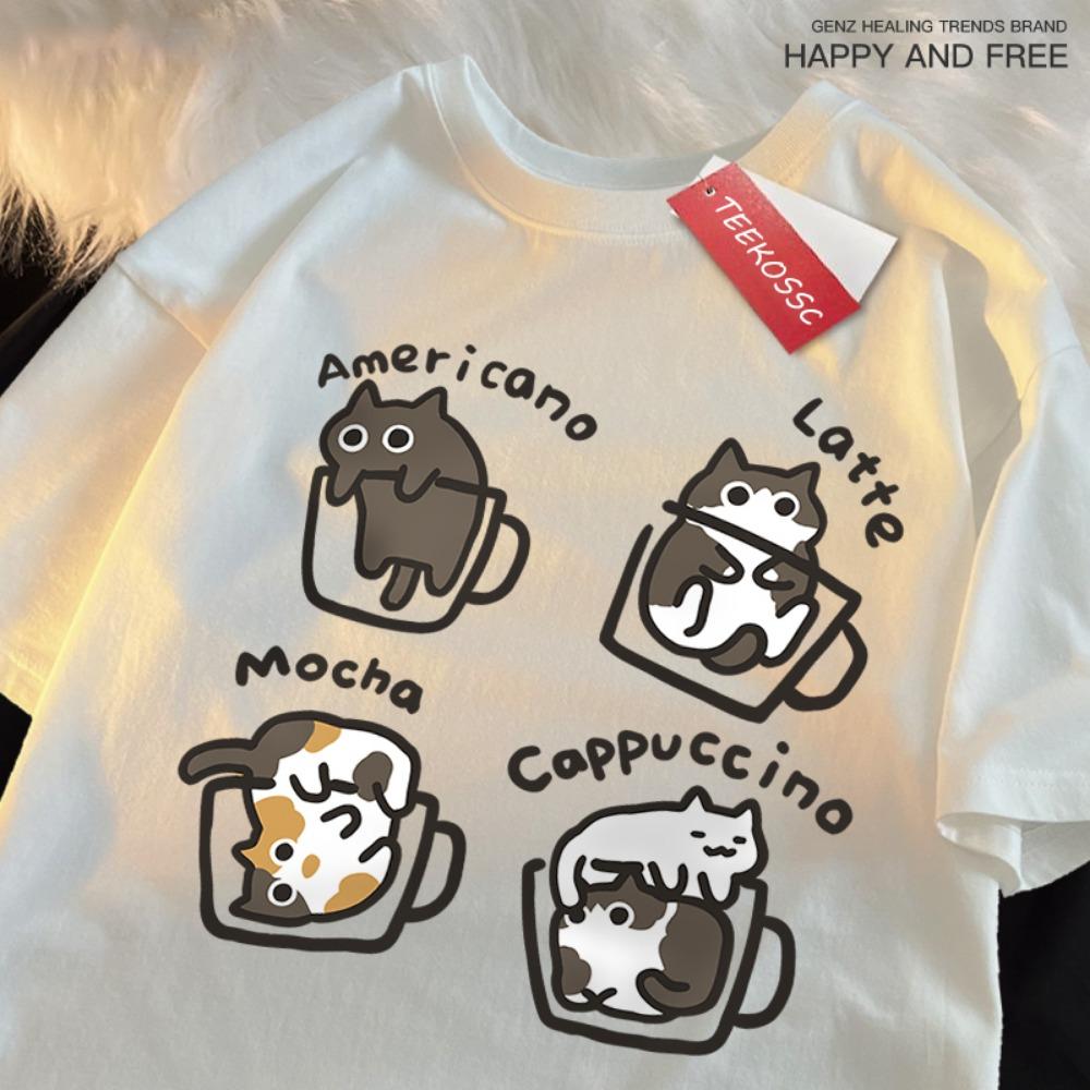 

American Style Coffee Cat Print T-Shirts Man Casual Cotton T-Shirt Summer Breathable Tee Clothing Casual Loose Male T-Shirts XL