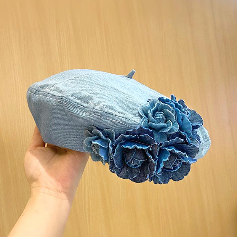 1PC Woman Vintage Blue Camellia Elegant Trendy Fashion Denim Fabric Painter Cap Beret