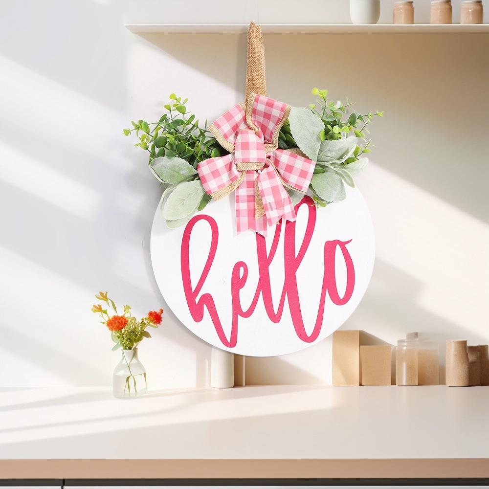 Wooden Round Welcome Sign Door Hanger with Bow Wreath Decoration for Home Entrance