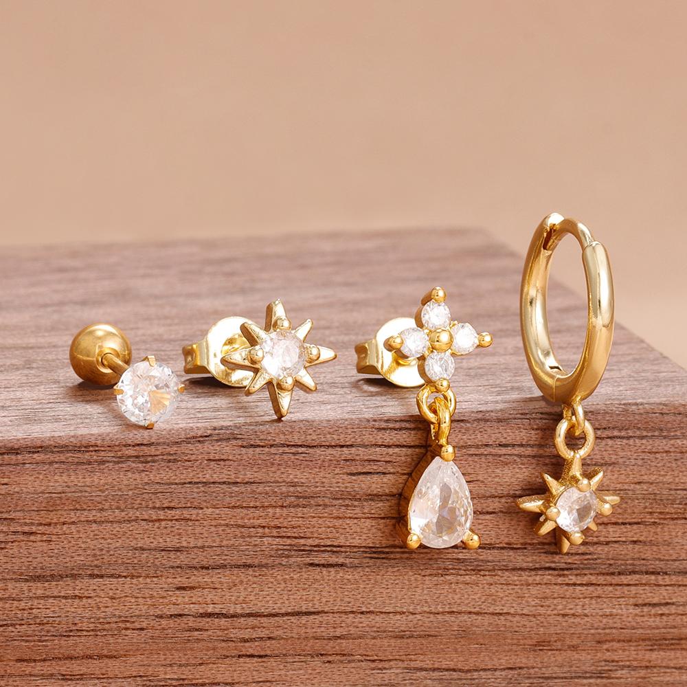 New Arrival Stainless Steel Crystal Zirconia Star Earrings Set For Women Girls Teens Temperament Stud Earrings Lady Jewelry Gift