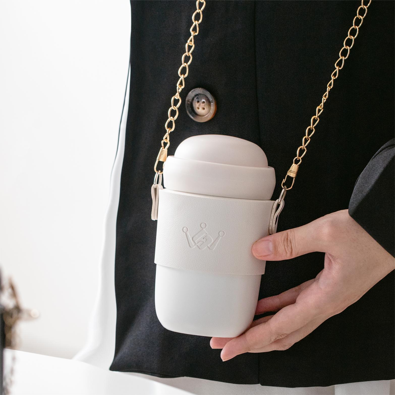 

High Value Ceramic Imitation Thermos Cup for Girls Creative Shoulder Hanging Water Cup Outdoor Cute Mug with Lid Portable 390ml