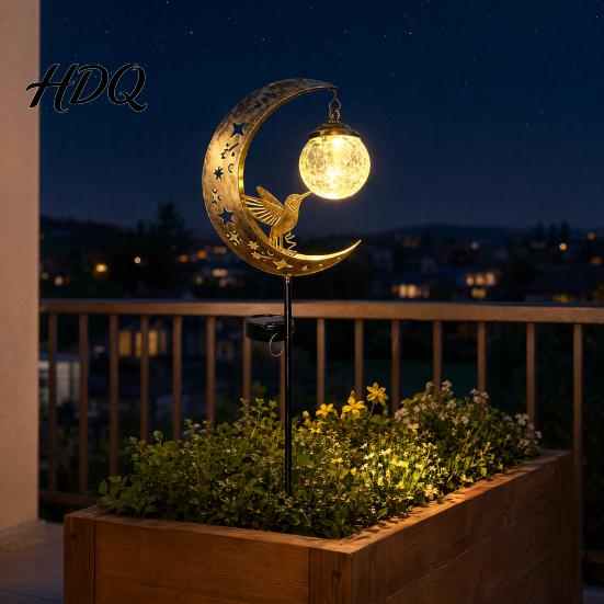 Lawn Solar Lights Moon And Hummingbird Garden Light Outdoor Cracked Glass Ball Stake Decorative Lamp for Yard Waterproof Automatic LED Lighting