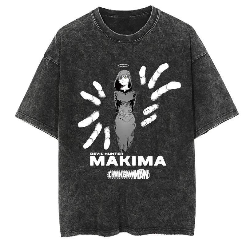 Chainsaw Man Anime Clothing Makima Graphic Print Tee Men Women Oversized Casual Tshirts Harajuku Male Washed Cotton T-shirt