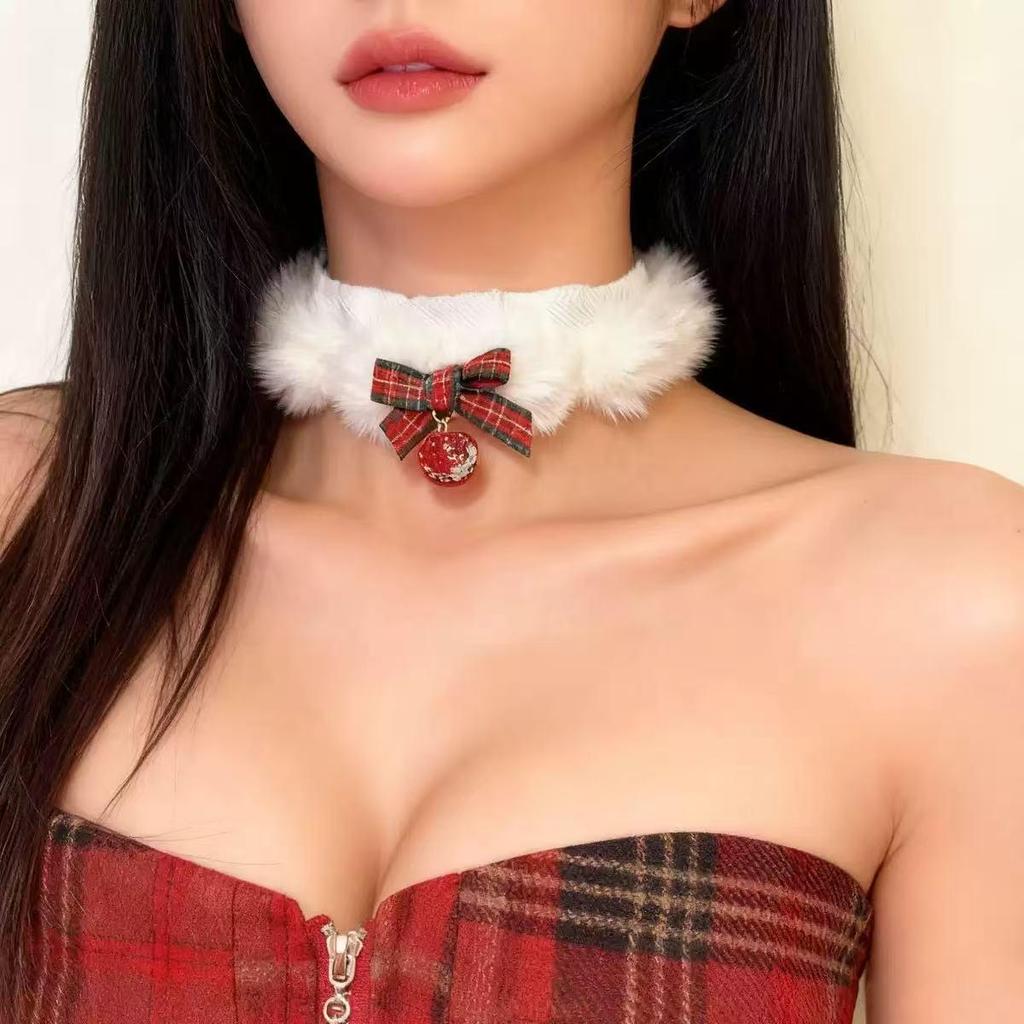 Cross-border Christmas Plaid Bow Plush Pom-pom Choker Necklace for Women