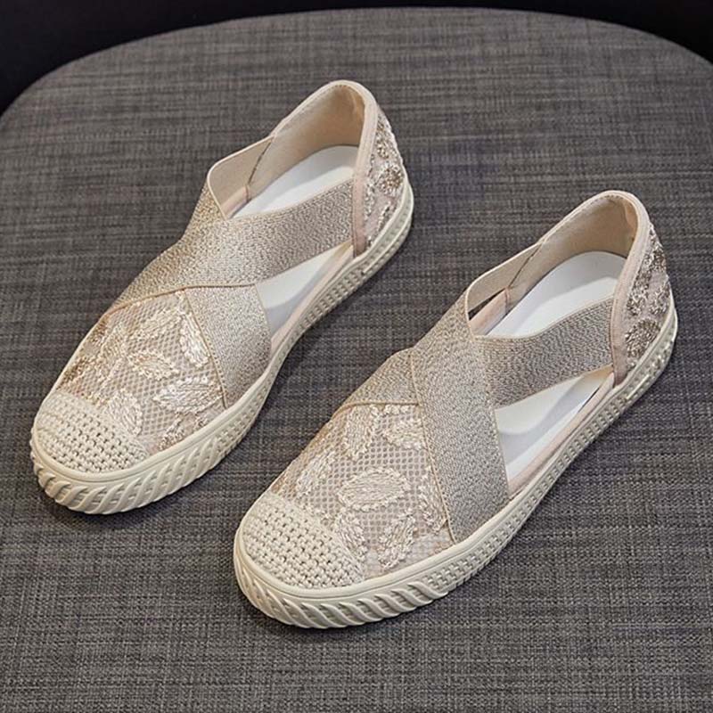 

Сандалии на плоской подошве, женские тканевые туфли на высоком каблуке, парусиновая обувь с сетчатой ​​вышивкой, простой повседневный стиль, весна-лето 40 абрикосовый