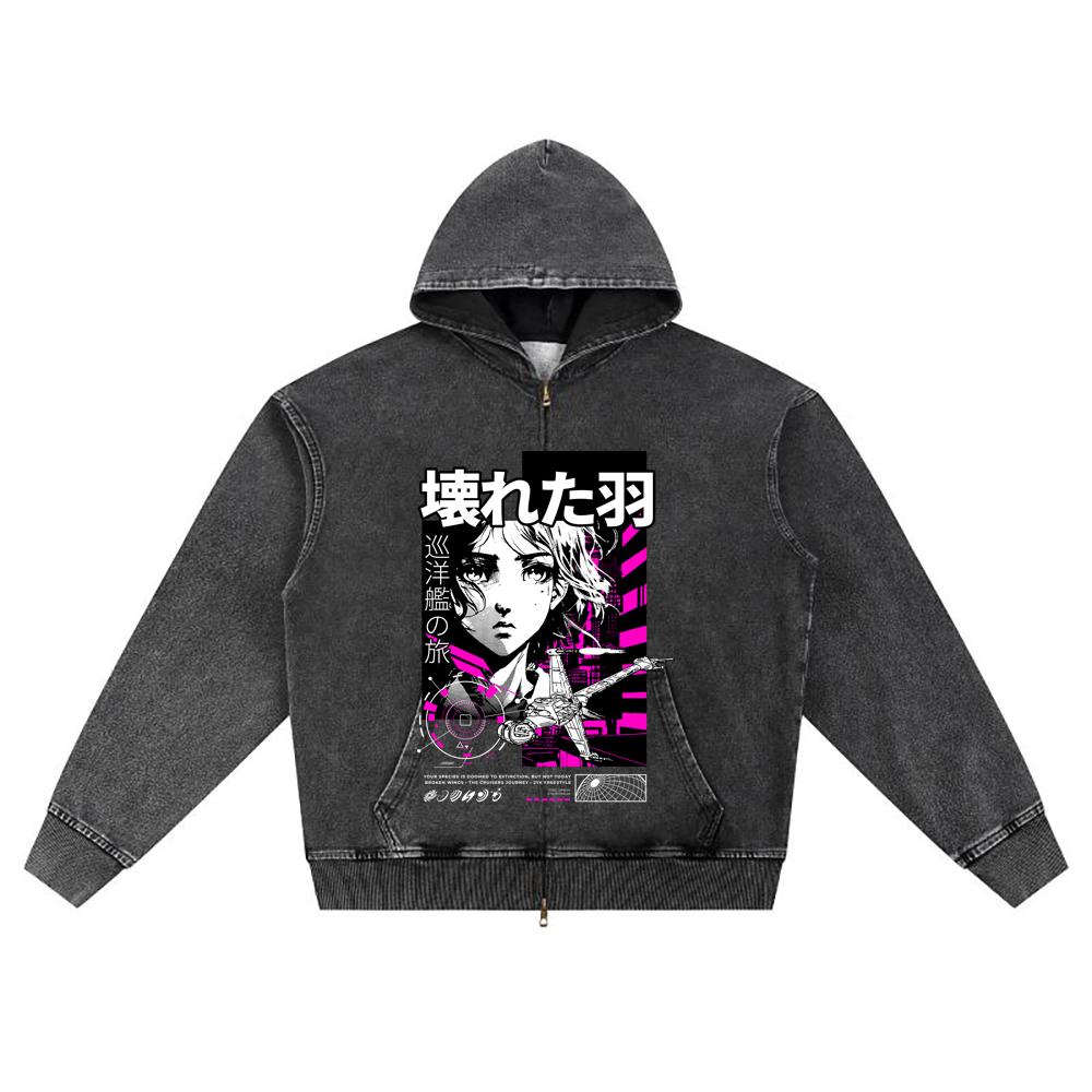 DTG Print Knitted Denim Zip-Up Hoodie Anime Broken Wings Neon Japanese Style Brother Print Zipper Hoodies  