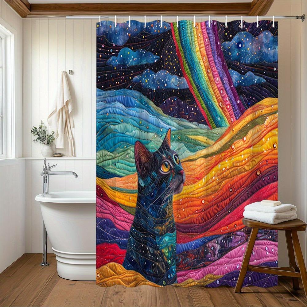 

Black And Blue Starry Cat Shower Curtain Washable Dirt-Resistant Shower Head Waterproof Polyester Bath Curtain For Home Decor W60H190(CM)-1 Pcs