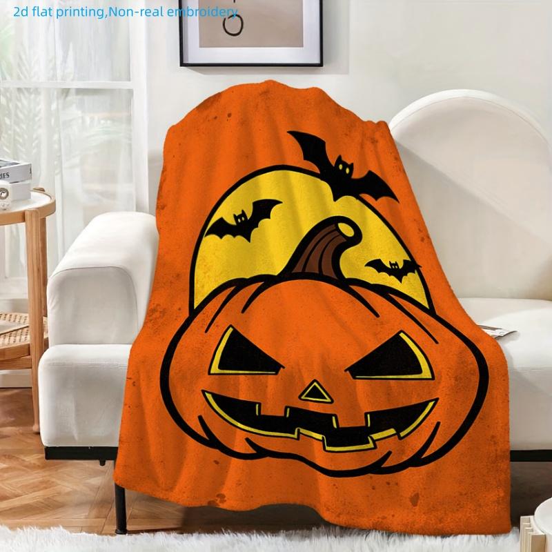 1pc Halloween-themed Horror Pumpkin and Bat Print Blanket, Available in Multiple Sizes, Suitable for Living Rooms, Bedrooms, Studies, Offices, and Out