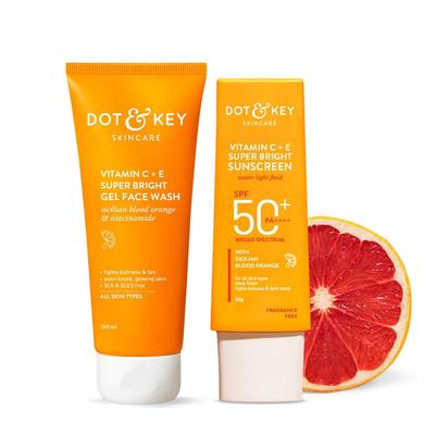 Protecție Solară Super Luminoasă cu Vitaminele C+E SPF 50 PA+++ - 50g & Gel de Spălare Facial Super Luminozitate cu Vitaminele C + E Dot & Key | Pentru Femei și Bărbați