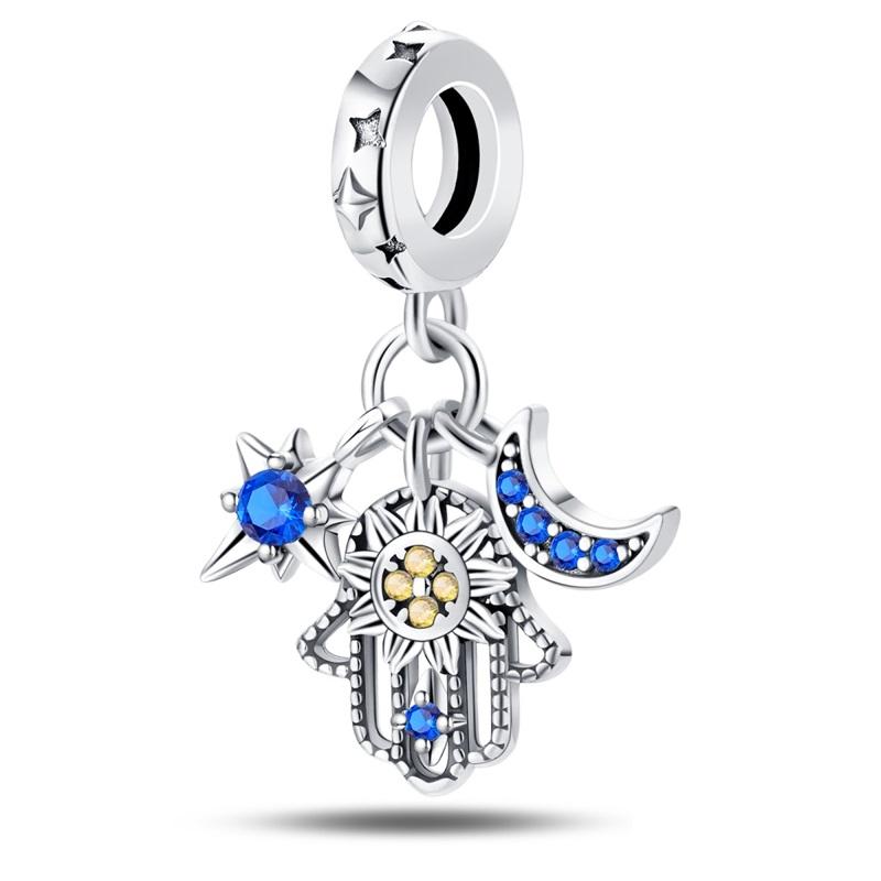 Exquisite 925 Silver Mysterious Blue Butterfly Devil's Eye Fatima's Hand Pendants Charms Beads Fit Qikaola Bracelets DIY Jewelry