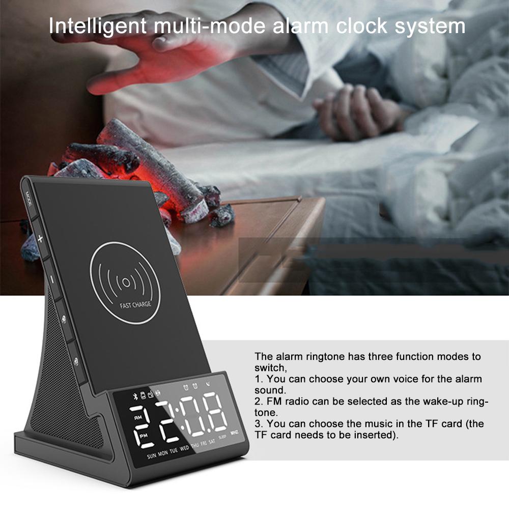 LCD Smart Drahtloser Lade-Wecker Bluetooth-Lautsprecher Multifunktionsradio 10W Drahtloses Qi-Ladegerät Doppellautsprecher Wecker