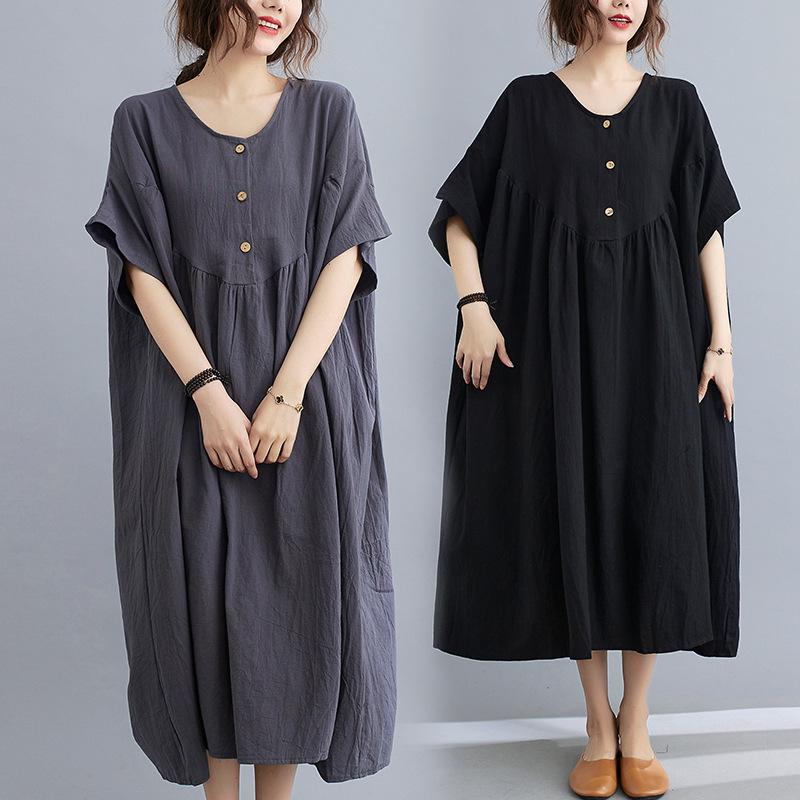 Artistic Cotton Linen Batwing Sleeve Dress for Plus Size Women - Loose Fit Summer Style Plus Size кофейный