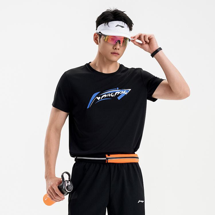 Li Ning Tischtennis Serie Lässig Bequemes Buchstaben-Print Sport Kurzarm T-Shirt Unisex Oberteile Schwarz AHSV611-1