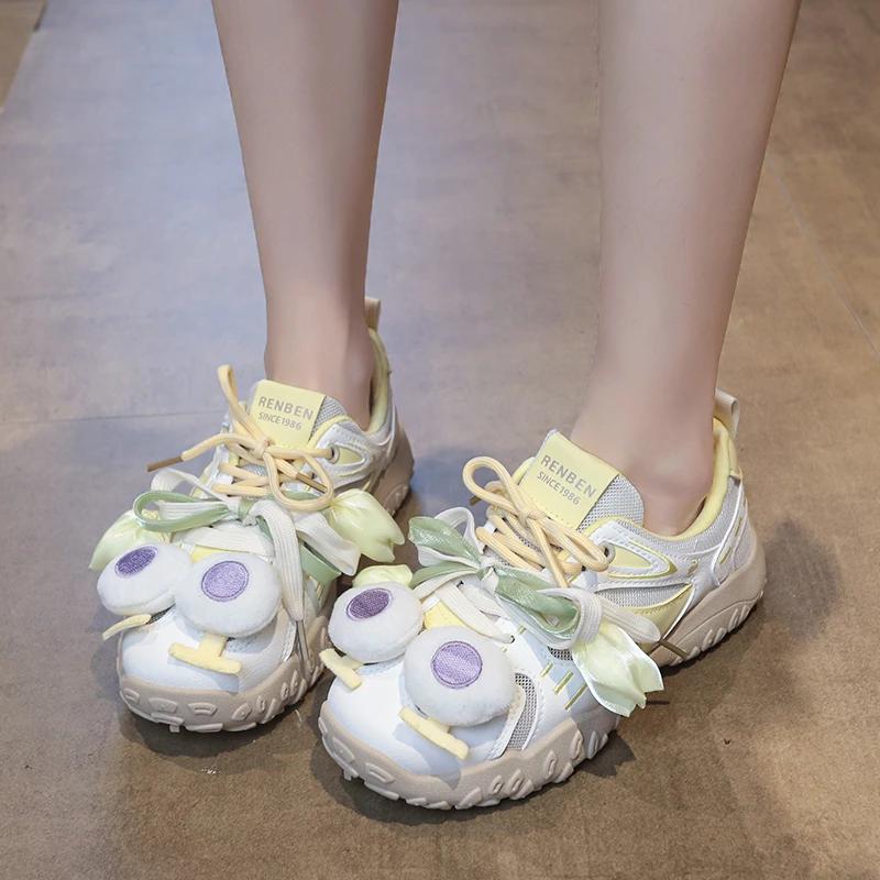 Fashion Casual Sneakers Spring Autumn Women Synthetic Leather Patchwork Mixed Colors Lace-Up Round Toe Love Kawaii Ladies Waffle Shoes