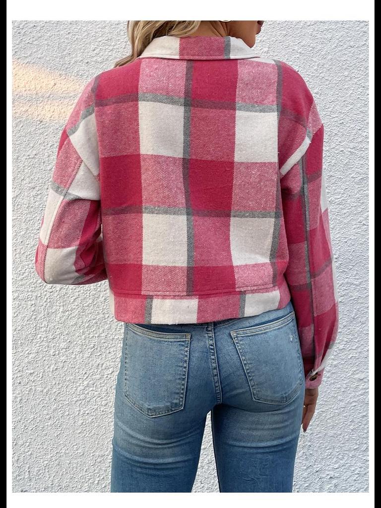 Jesienno-zimowa kurtka kardigan w kratę - Długi rękaw, styl europejski i amerykański