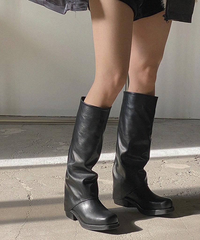 Moodnple Primrose Simple Basic Round Square Suede Long Boots 2 Colors 4Cm