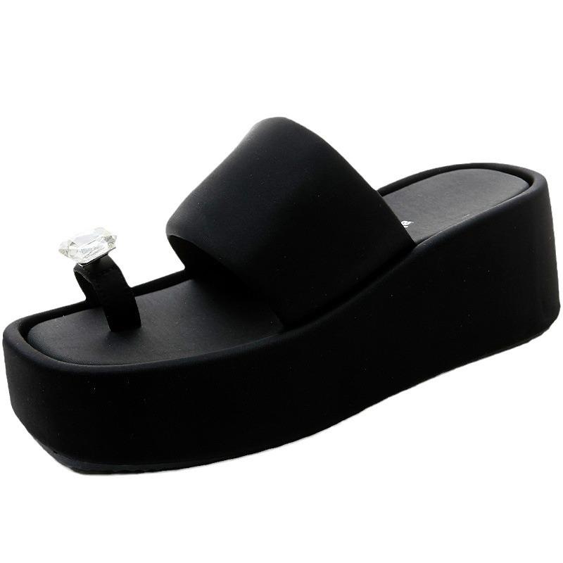 European fashion sandals women's summer new rhinestone toe slippers women's thick bottom heel heel heightening casual one-word drag