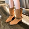 Fashion Metal Belt Buckle Block Heel Single Boots Women's Fashion Round Toe Suede Anti-Slip Wear-Resistant Short Shoe