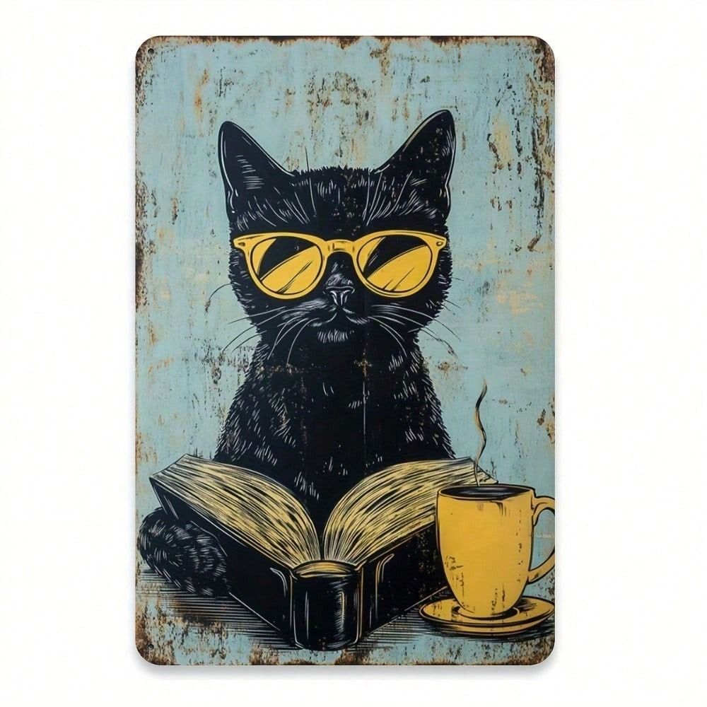 

Vintage Metal Poster Cat with Glasses Book Wall Decor