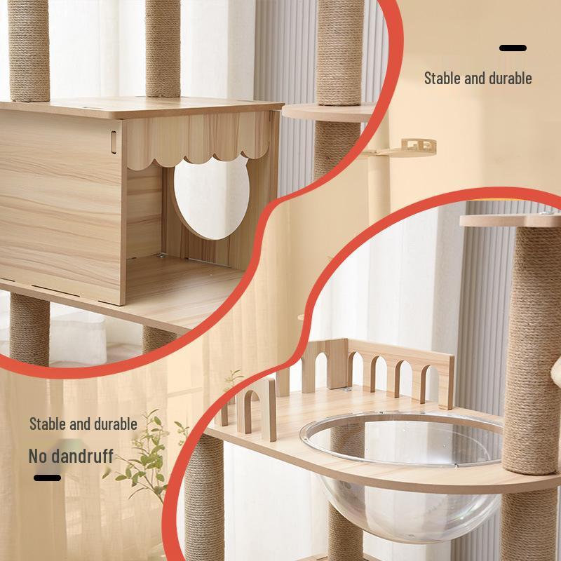 Large Space-Saving Multi-Layer Wooden Cat Tree Villa with Wear-Resistant Space Capsule Design