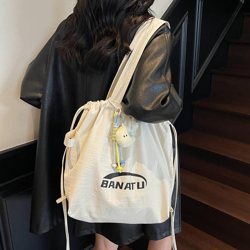 Large Capacity Bag Women's Shoulder Bag Drawstring Design Tote Bag Casual Nylon Cloth Bag Vacation Travel Portable Bag