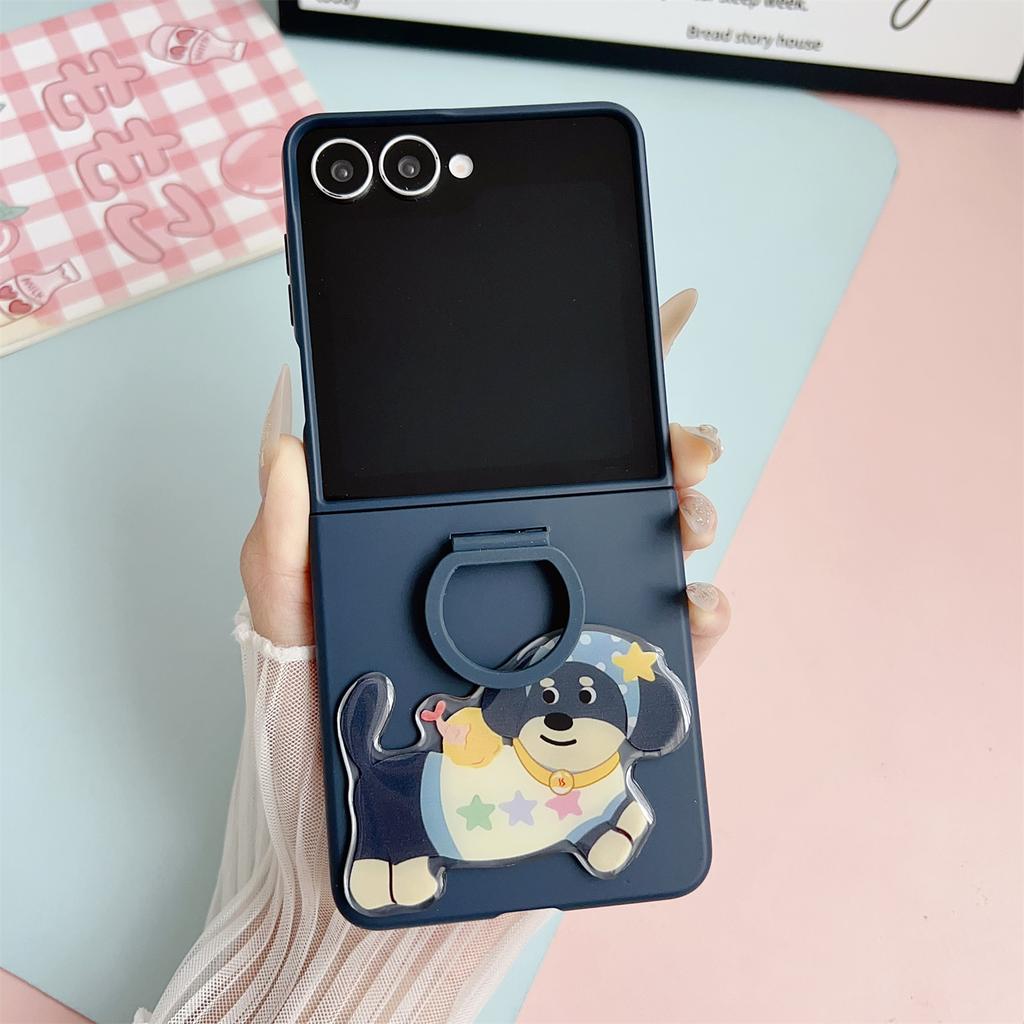 For Samsung Galaxy Z Flip7 5G Case Skin Touch Silicone Ring PC TPU Phone Cover with Cartoon Dachshund Sticker