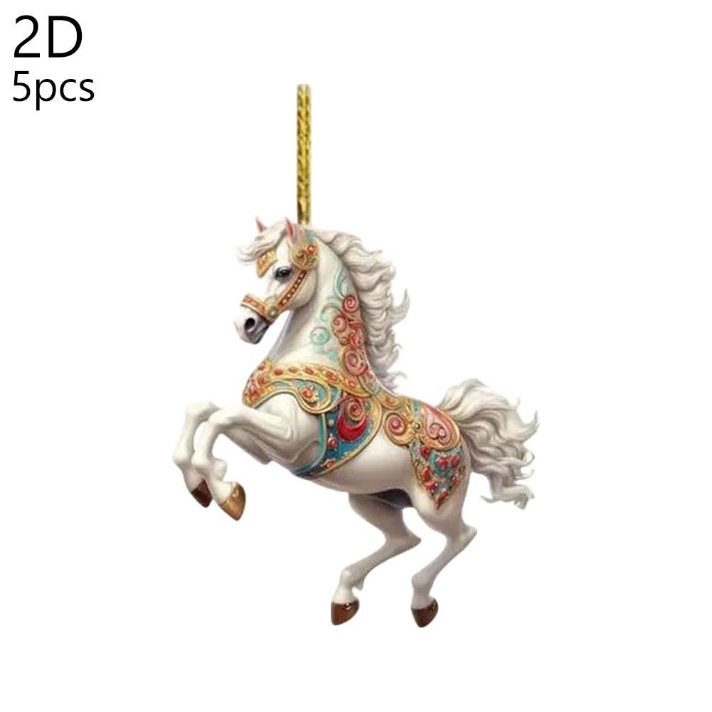 5PCS Modern Horse Ornaments White Acrylic Flat Hanging Decor Home 2026 New Year Christmas Tree Decoration Simple Style Gift Set