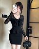 Elegantes Spitzen-V-Ausschnitt-Bodycon-Kleid mit Schleife und Figurschmeichelnden Langen Ärmeln