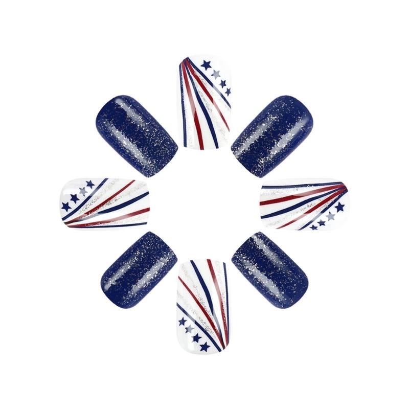 Set di Unghie Finte Glitterate per la Festa dell'Indipendenza 24 pz Mandorla Press on Nail Manicure Decorazioni per Unghie Unghie Artificiali Stick on Nail